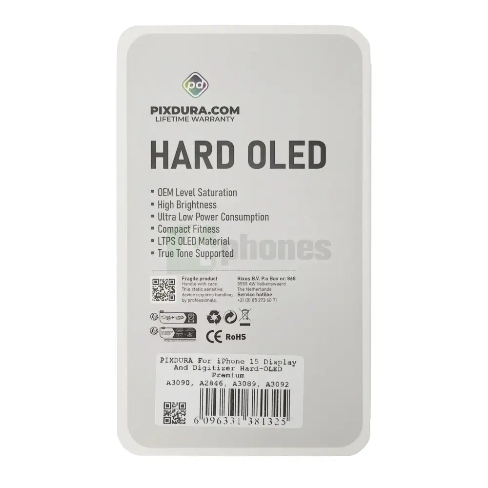 PIXDURA For iPhone 15 Display And Digitizer Hard-OLED Premium (IC Removable)